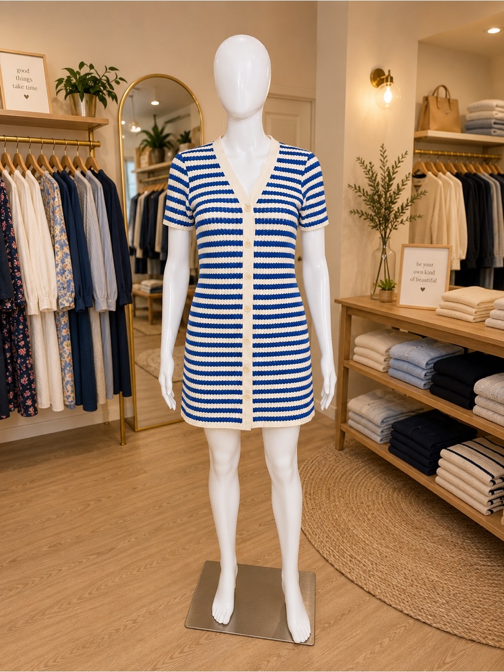 NWOT Mango Blue and Cream Striped V‑Neck Knit Mini Dress